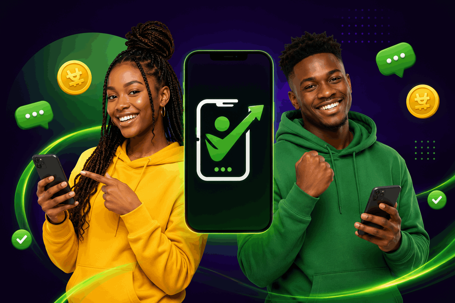 Two Online Hustle workers celebrating earnings on their phones